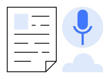 Ses tanıma, ses kaydı, dijital belgeler, içerik oluşturma, konuşma metni, kayıt araçları. Kağıt belge bir mikrofon simgesinin yanında. Ses transkripsiyonu ve dijital