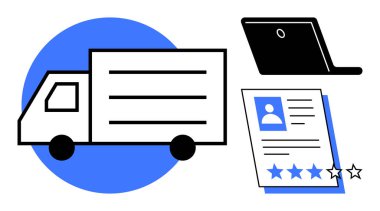 Teslimat kamyonu, açık dizüstü bilgisayar ve özgeçmiş ve yıldızlar lojistiğe, müşteri geribildirimine, kariyer değerlendirmesine odaklanıyor. İşe alım, dağıtım, filo, derecelendirme işgücü geri besleme dijital için ideal