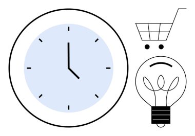 Üretkenlik, yenilik, planlama, zaman tasarrufu, karar verme, yaratıcılık. Dairesel saat, ampul ve alışveriş arabası bu fikirler. Üretkenlik ve yenilik kavramı