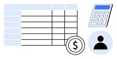 Finansal planlama, iş analizi, muhasebe, dijital araçlar, bütçe izleme, gider takibi. Hesap tablosu, dolar işareti hesap makinesi simgesi. Mali planlama ve iş analizi kavramı