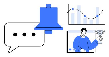 Bilgilendirme zili ve sohbet balonu, veri eğilimli analitik grafiği ve dijital sunumda kupa tutan bir kişi. İletişim, başarı, ödüller, güncellemeler, analitik için ideal