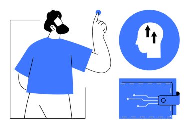 Dijital cüzdan. Dijital cüzdan teknolojisi, bir adam bir düğme ile etkileşime girer, fikirlere bir beyin grafiği ve güvenli finansal işlemler için bir devre tasarımı. Fintech ve yenilik için mükemmel