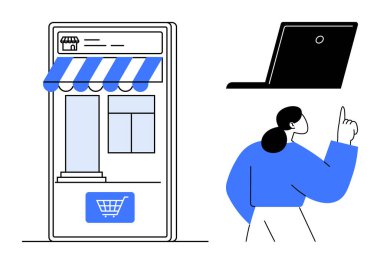 E-ticaret, dijital pazarlama, çevrimiçi perakende satış stratejisi, müşteri satın alma davranışları, teknoloji trendleri. Akıllı telefon, dizüstü bilgisayar ikonu ve işaret eden bir kadın. E-ticaret ve dijital