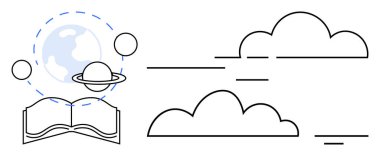 Öğrenme konsepti. Açık bir kitap, gezegen, dünya ve soyut bulutlarla bilim ve astronomi eğitimi alarak. Öğrenmek merakı ve bilgi gelişimini teşvik eder. Eğitime ve alana elverişli