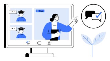 Canlı yayında öğrencilere rehberlik eden, işaretli sohbet simgesi ve dekoratif yaprak. E-öğrenme, eğitim, uzaktan çalışma, iletişim, web siteleri dijital eğitim ekibi çalışması için idealdir. Basit.