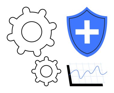 Veri güvenliği, sağlık, analitik, süreç iyileştirme, verimlilik, koruma. Vites sembolleri, çapraz çizgili kalkan. Veri güvenliği ve sağlık hizmeti görselleştirmesi
