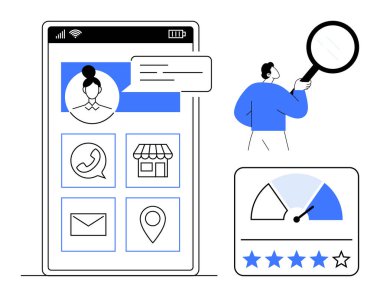 Kullanıcı deneyimi konsepti. Mobil uygulama özellikleri, görüntü profili, iletişim seçenekleri ve değerlendirme yoluyla sunulan kullanıcı deneyimi. Kullanıcı deneyimi uygulamalara odaklan, tasarım