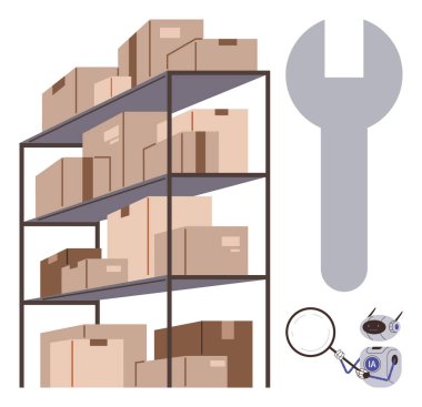 Karton kutularla dolu bir depo rafı, yakınlarda büyük bir anahtar, büyüteçli küçük bir robot. Depo yönetimi, lojistik, bakım, onarım, teftiş, envanter organizasyonu için ideal