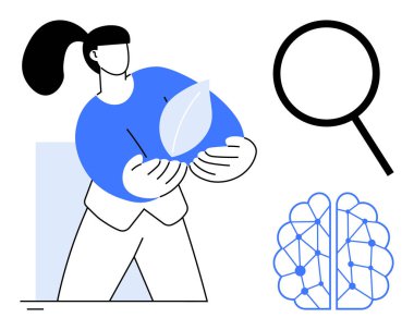 Çevre bilincini sembolize eden bir yaprak tutan, araştırma için büyüten bir cam ve yenilik için beyin ağını destekleyen bir nöron. Ekoloji, teknoloji, araştırma, sürdürülebilirlik, büyüme için ideal