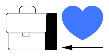 İş ve aşk kavramı. Evrak çantası işi mavi kalp tutkusu ve duyguyla buluşur. Yön gösteren bir ok ile. Kariyer dengesi, tutku projeleri, karar verme süreci, ilişkiler, yaşam tarzı