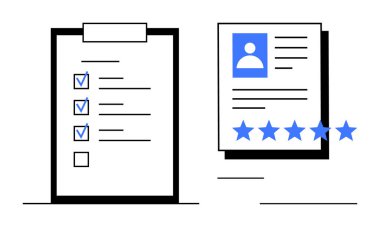 Tamamlanmış görevleri olan kontrol listesi ve beş yıldızlı bir profil kartı. Performans değerlendirmesi, verimlilik, işe alım süreci, İK yönetimi, görev yönetimi, hedefler izleme, müşteri alımı için ideal