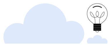 Teknoloji, yenilik, yaratıcı fikirler, bulut deposu, veri paylaşımı, yapay zeka. Bulut simgelerinin yanında bir ampulün minimalist bileşimi. Teknoloji ve yenilik