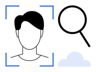 Tarama çerçevesinde stilize edilmiş yüz, büyüteç ve bulut elementi. Biyometrik, yapay zeka teknolojisi, gizlilik, veri analizi, siber güvenlik, dijital kimlik ve yenilik kavramları için ideal