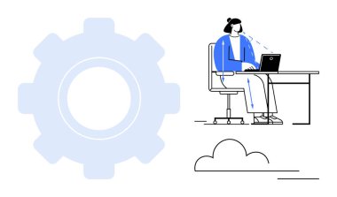 Uzaktan çalışma konsepti. Dişli sembolü ve bulut elementleri ile çevrili dizüstü bilgisayarla bireysel uzaktan çalışma ayarları, vurgulama teknolojisi. Üretkenlik, bulut hesaplama, işyeri, teknoloji için