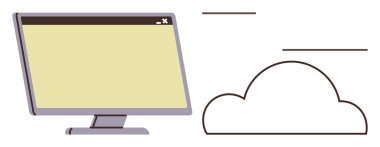 Bilgisayar, dijital teknolojiyi, bulut hesaplamasını ve çevrimiçi depolamayı sembolize eden bulut şeklindeki bir ekranın yanında. Teknoloji, dijital araçlar, yenilik, veri yönetimi, uzaktan erişim için ideal