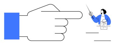 Büyük bir el, elinde belge ve işaret eden kişiyi işaret ederek yön ve iletişimi vurguluyor. Liderlik, eğitim, geri bildirim, takım çalışması, karar verme, rehberlik için ideal