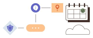 Workflow steps with shield for security, information icon, location, calendar for scheduling, cloud storage. Ideal for task management, online tools, protection, information sharing scheduling