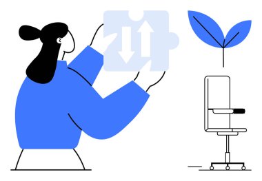 İş geliştirme, yenilik, çevresel sürdürülebilirlik, takım çalışması, kariyer büyümesi, yaratıcı çözümler. Elinde okları, ofis sandalyesi ve bitkisi olan bir yapboz parçası tutan kadın. İş geliştirme