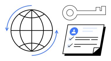 Küresel bağlantıyı, güvenli erişimi ve çevrimiçi doğrulamayı sembolize eden ok, anahtar ve doğrulanmış belgeyle dolu bir dünya. Teknoloji, güvenlik, ağ oluşturma, veri erişim kullanıcı doğrulaması için ideal