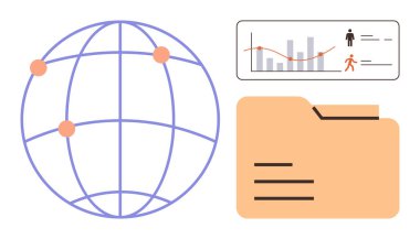 Veri yönetimini, küresel erişimi, istatistikleri sembolize eden bağlantı noktaları, klasör ve analitik grafiği olan dünya. Teknoloji, iş, araştırma, ağ örgütü veri güvenliği için ideal