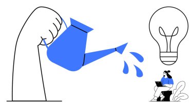 Yenilik kavramı. Bir ampulü sulayarak fikirleri besleyerek yenilik. Yenilik yaratıcılığı, büyümeyi ve çözümleri yönlendirir. İş, eğitim, girişimler ve verimlilik için mükemmel