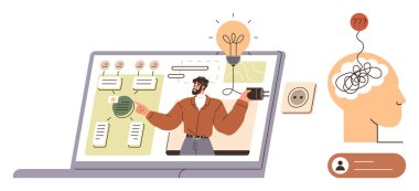 Dizüstü bilgisayar öğretmenlerin süreçleri açıklarken, fikirleri sembolize eden ampulleri, kafa karışıklığını çözen fişi gösteriyor. Eğitim, eğitim, yenilik ve öğretim için ideal