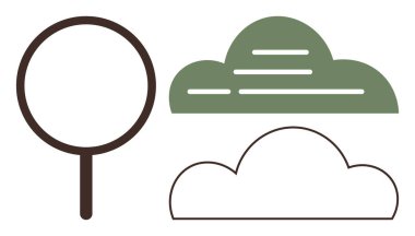 Kahverengi, yeşil ve beyaz olarak sadeleştirilmiş ağaç ve bulut şekilleri doğal elementleri vurguluyor. Çevre dostu tasarım, çevre, basitlik, minimalizm, açık hava teması eğitimi için ideal