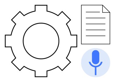 Otomasyon, teknoloji, dijital iş akışı, verimlilik araçları, ses tanıma, yenilik. Temiz tasarım için vites, belge ve mikrofon simgeleri. Merkezi olarak otomasyon ve teknoloji