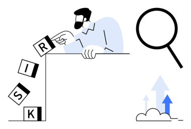 Adam RISK yazım bloklarını inceliyor, kenardan düşüyor, cam tarafından büyütülüyor, yükselen okların yanında. Risk yönetimi, sorun çözme, iş büyümesi, analiz ve karar verme için ideal