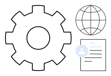 İş operasyonları, teknoloji entegrasyonu, küresel erişim, dijital kimlik, süreç yönetimi, kullanıcı profilleri. Vites, küre ve kullanıcı belge simgeleri. İş operasyonları ve teknoloji entegrasyonu
