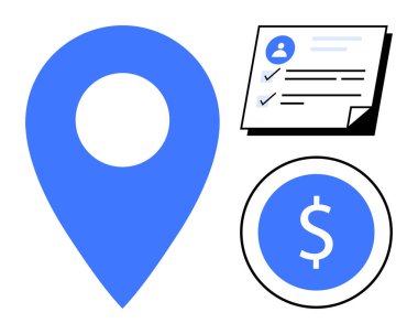 Mavi harita broşu, profil tablosundaki kontrol listesi ve dolar sikkeleri navigasyon, kimlik, finans, veri yönetimi, iş, planlama ve karar verme temalarını vurguluyor. Basit düz metafor