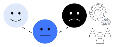 Duygusal aşamalar, takım çalışması, problem çözme, verimlilik, ruh hali analizi, iş akışı. Dişliler ve grup simgeleriyle mutlu, nötr üzgün duygular gösteren üç yüz. Duygusal aşamalar ve takım çalışması kavramı