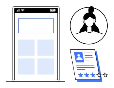 Şebeke düzenine sahip akıllı telefon ekranı, daire içindeki kullanıcı portresi, profil bilgisi olan belge sayfası, yıldız reytingleri. HR, askere alma, iş arama, portföy, değerlendirme için ideal basit düz UIUX tasarımı