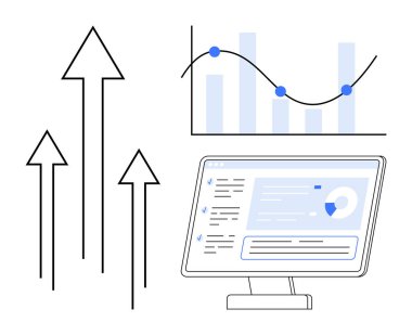 İş büyümesi, veri analizleri, finansal tahminler, teknoloji eğilimleri, piyasa analizleri, istatistikler. Yukarı oklar, grafik çubuğu ve grafikli bilgisayar ekranı. İş büyümesi ve analitik kavramı