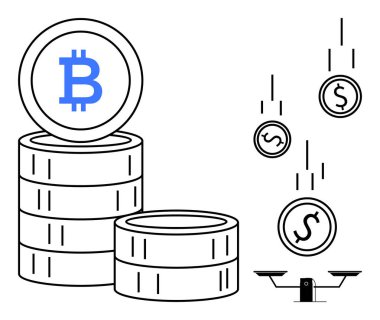 Kripto para birimi, finansal teknoloji, yatırımlar, dijital para, zenginlik yönetimi, değer dengesi. Bitcoin paraları ve terazili bozuk paralar yığını. Kripto para birimi ve finansal