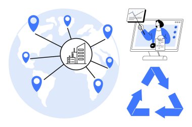İş ağı konsepti. Sürdürülebilirliği ve işbirliğini vurgulayan konumlar arasındaki iş ağı. Küresel sanayi için iş ağı, çevre sorumluluğu, bağlantı