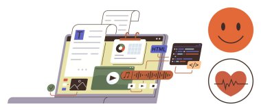 Belge sayfaları, grafikler, multimedya, HTML kodları ve teknoloji, programlama, öğrenme ve refahı birleştiren sağlık sembolleriyle dizüstü bilgisayar. Eğitim için ideal yaratıcılık sağlığı