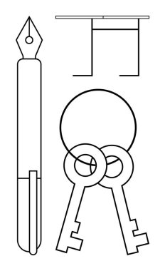 Yazarlık, güvenlik, yaratıcılık, minimalizm, soyut sanat, eğitim. Dolma kalem, temiz çizgi sanatında iki anahtar geometrik şekil. Soyut kompozisyon ile ifade edilen yazma ve güvenlik fikirleri