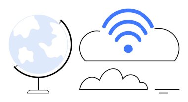 Küresel bağlantı kavramı. Küre, bulut ve dünya çapında veri ve dijital iletişime kablosuz erişim. Küresel bağlantı teknolojiyi, ağ oluşturmayı, bulut hesaplamasını, çevrimiçi platformları destekler