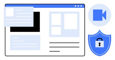 Dijital güvenlik, kullanıcı arayüzü, görüntülü konuşma, çevrimiçi koruma, uzaktan çalışma, modern iletişim. Video simgesi ve kalkan sembolüyle web arayüzü düzeni. Dijital güvenlik ve kullanıcı arayüzü kavramı