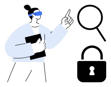 Elinde dosya tutarken büyüteç ve kilit simgelerini gösteren VR gözlüklü bir kadın. Teknoloji, güvenlik, yenilik, araştırma, gizlilik, keşif ve öğrenme için ideal