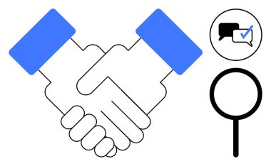 Titreyen iki el, işaretli konuşma balonu ve güven, anlaşma, iletişim, müzakere, ortaklık, takım çalışması ve geri bildirimi sembolize eden büyüteç. Takım çalışması için ideal.