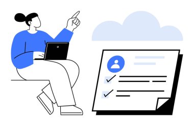 Dizüstü bilgisayarı tamamlanmış görevler ve bulut ile kontrol listesinin yakınını gösteren kişi. Üretkenlik, görev organizasyonu, planlama, iş akışı, kariyer gelişimi, bulut çözümleri, basit düz