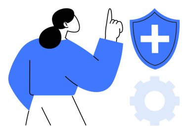 Sağlık, güvenlik, yenilik, koruma, tıbbi yardım, güvenlik çözümleri. Kalkanla, haçla ve vites simgesiyle yukarıya bakan bir kadın. Sağlık ve güvenlik kavramı