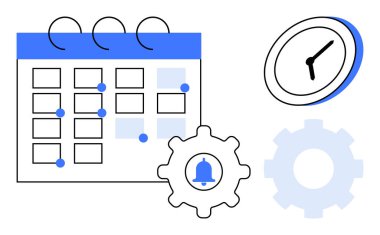Görev yönetimi, verimlilik araçları, zaman izleme, çalışma saatleri, hatırlatıcılar, dijital planlama. Ayarlar donanımı ve saat simgeleriyle takvim ızgarası. Görev yönetimi ve üretkenlik araçları