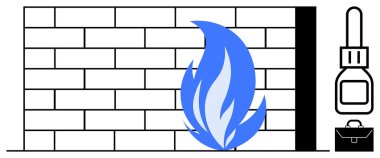 Siber güvenlik, veri koruması, dijital savunma, çevrimiçi güvenlik, güvenli yazılım, ağ koruması. Mavi alevli tuğla duvar. Siber güvenlik ve veri koruma kavramı