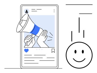 Sosyal medya iletişimi. Akıllı telefon arayüzüne sahip bir megafon etkili bir sosyal medya iletişimini ön plana çıkarıyor. Pazarlama, sosyal yardım, içerik oluşturma ve markalaşma ile sosyal medya bağlantısı