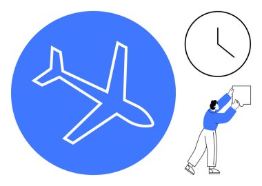 Seyahat konsepti. Uçak ikonu taşımacılığı ve küresel bağlantı. Saat zaman yönetimi ve programları gösteriyor. Seyahat planlama, zaman tasarrufu, lojistik, zamanlama, verimlilik.