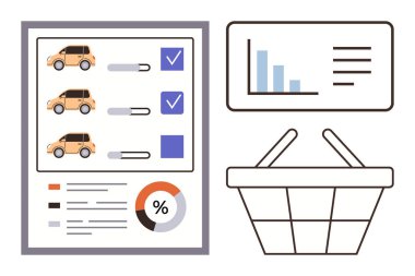 Araba modelleri, kontrol listesi, çizelgeler, çizelge, bar çizelgesi, sepeti sembolize ediyor. Pazarlama, analitik, e-ticaret kararı, alışveriş stratejisi için ideal düz metafor