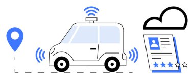 Otomatik araba bir konum pimine doğru yol alırken sinyal yayar ve incelemeler bir bulutta depolanır. Akıllı ulaşım, GPS, veri paylaşımı, yenilik, bağlantı, teknoloji için ideal, basit düz